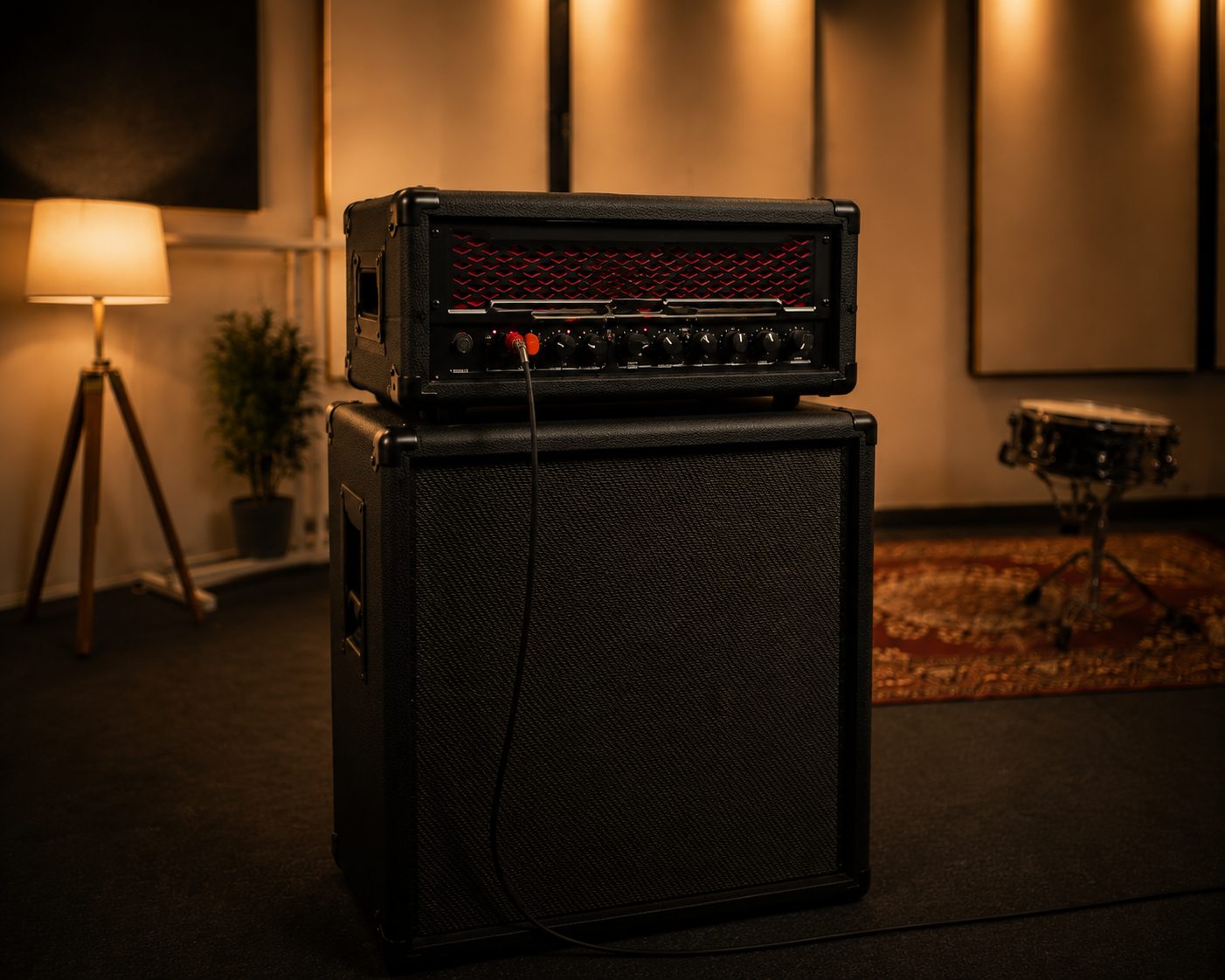 Guitar and bass amplifier rigs ready in the jam room