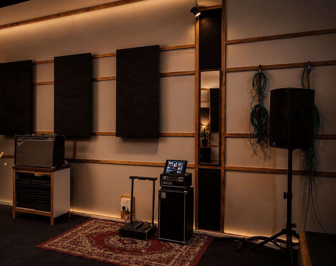 Amplifier and cabinet in the corner of the room