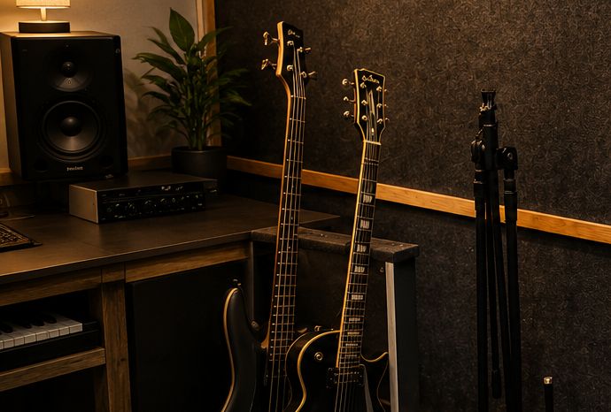 Guitars racked in the studio