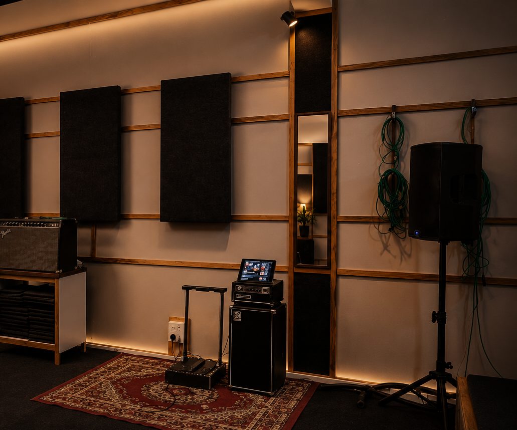 The amplifier wall, PA speaker and acoustic panels in the jam room