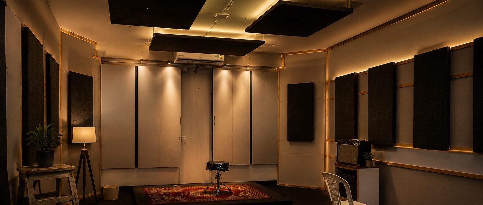 The Native Jamstudio live room, acoustic treatment and warm tungsten lighting