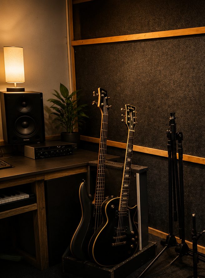Guitars and bass racked beside the desk